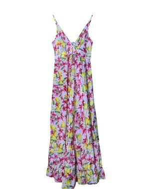 Sartorie Marinare Maxi‎ Dress Womens S Pink Yellow Lemon Floral Tiered Smocked